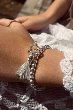 Laundry B Free Spirit Stretch Stacker Bracelet Pearly Heart & Tassel Silver